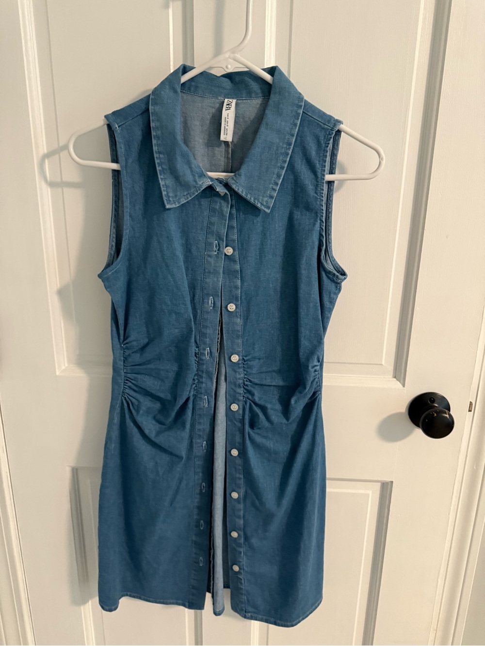 Zara Sleeveless Blue Denim Button-Front Dress